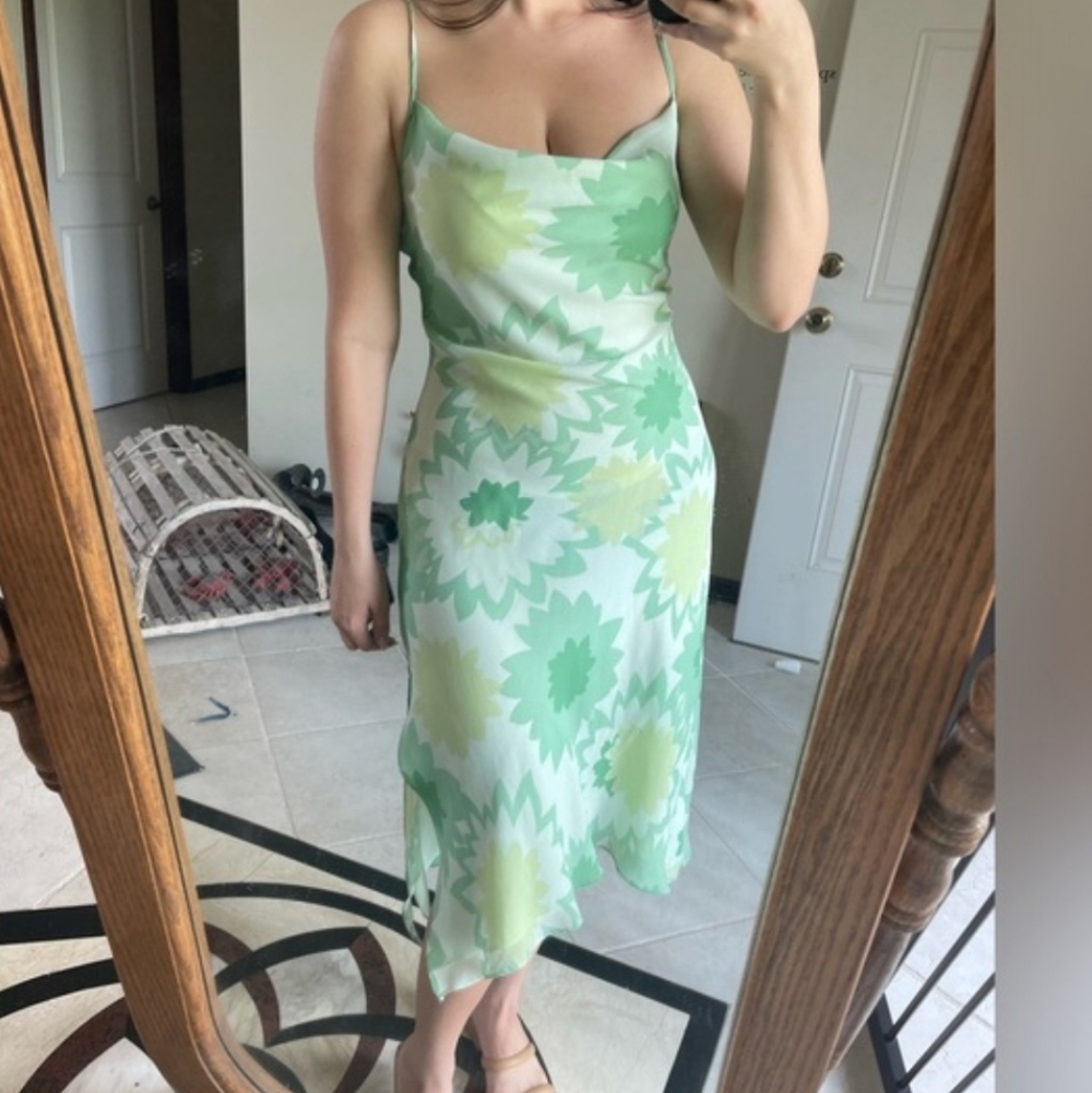 Y2K Vintage Express Green Cowl Neck Floral Midi Dress Size S/M
